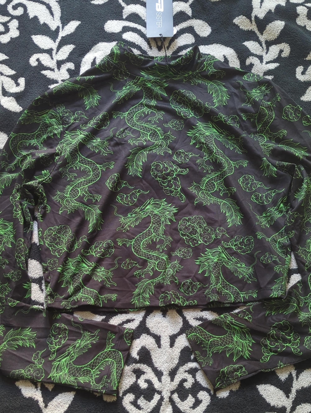 NWT Chinese Dragon Tattoo Sleeve German FB Sister Black Top Neon Green Print M